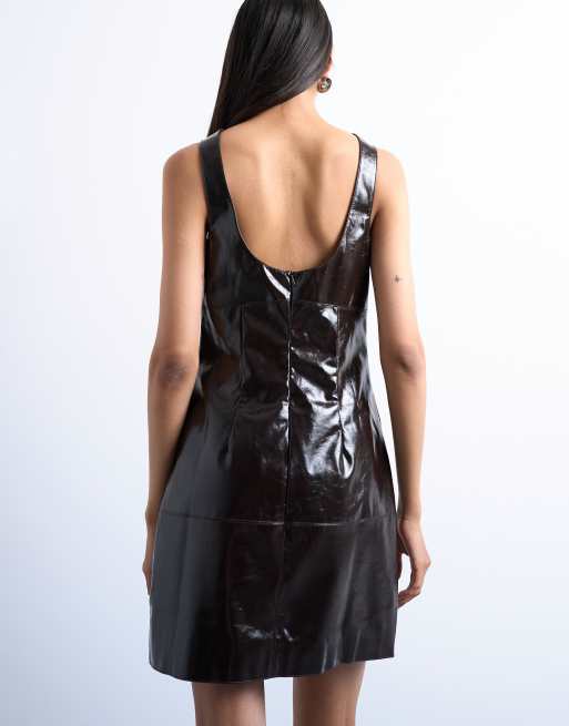 Topshop vinyl seamed detail mini dress in washed brown