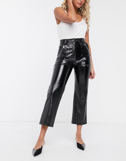 Topshop vinyl straight leg trousers in black