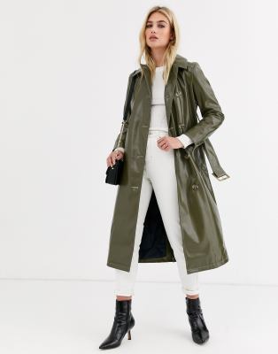 Topshop vinyl trench coat with contrast stitching in green