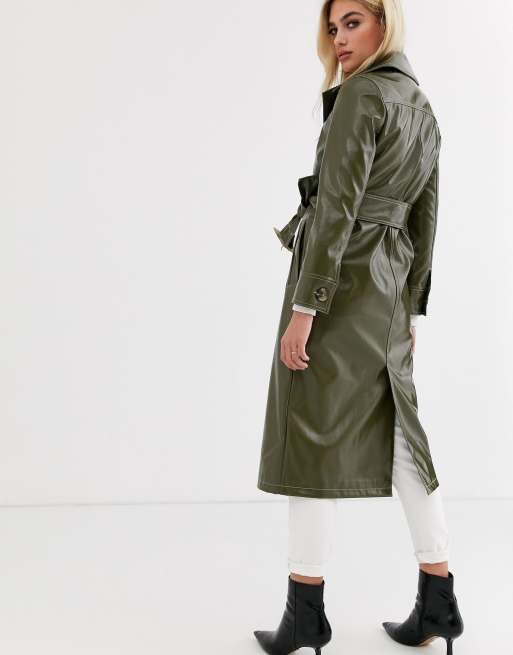 Topshop vinyl trench coat with contrast stitching in green