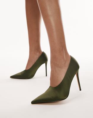 Topshop Violet high vamp heeled court in khaki satin