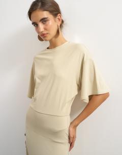 Model wearing Viscose blend jersey dropped waist maxi dress in stone