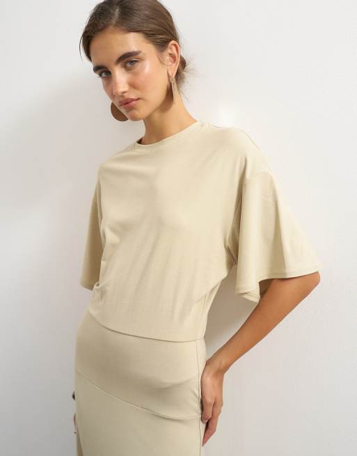 Topshop viscose blend jersey dropped waist maxi dress in stone, 3 of 4