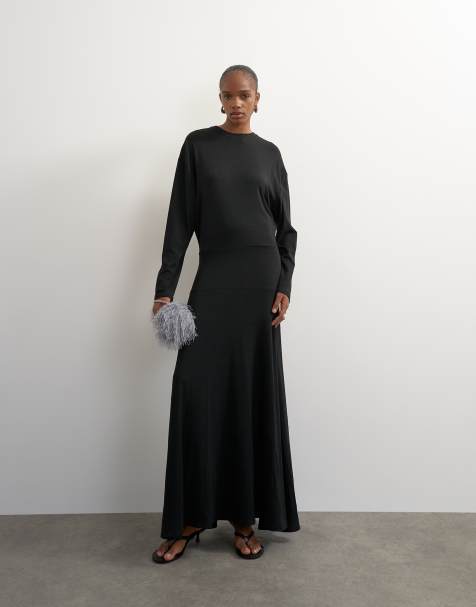 Topshop viscose blend jersey long sleeve dropped waist maxi dress in black - view 1