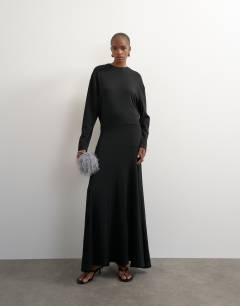 Viscose blend jersey long sleeve dropped waist maxi dress in black