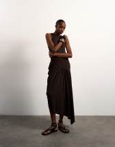 Topshop viscose drape bubble hem maxi dress in chocolate