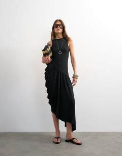 Viscose drape bubble hem racer maxi dress in black