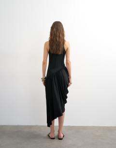 Model wearing Viscose drape bubble hem racer maxi dress in black