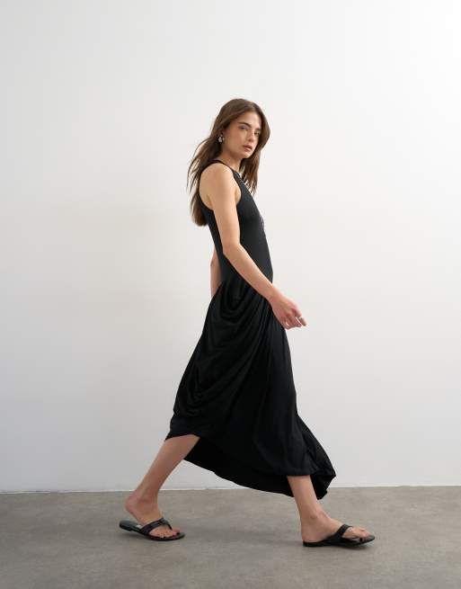 Topshop viscose drape bubble hem racer maxi dress in black, 4 of 4