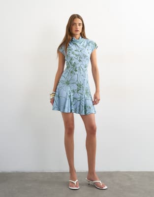 Topshop Viscose Grown On Sleeve Dress In Blue