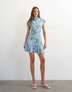 Viscose grown on sleeve dress in blue and green sketchy floral