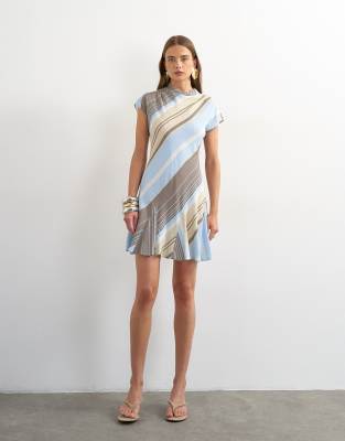 Topshop Viscose Grown On Sleeve Dress In Blue