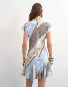 Model wearing Viscose grown on sleeve dress in blue and grey stripe