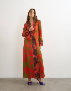 Viscose satin jacquard  dropped waist long sleeve wrap front maxi dress in mixed red floral