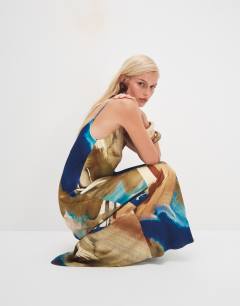 Viscose satin low scoop flood length maxi slip dress in abstract ochre print