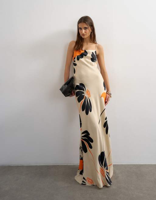black and orange floral dress Baltic Born Womens Milana Satin Maxi | very fitted at natural waist Inverlee Black Orange Floral Printed