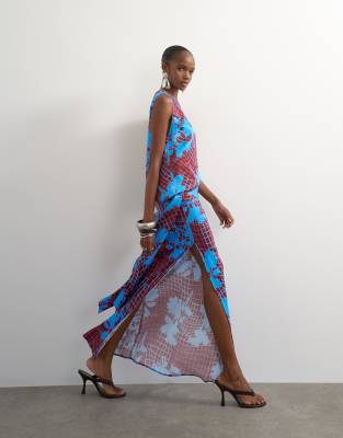 Topshop Viscose Satin Racer Neck Blouson Dropped Asymmetric Waist Maxi Dress In Multi
