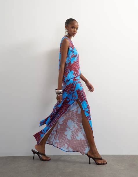 Topshop viscose satin racer neck blouson dropped asymmetric waist maxi dress in brown wavy floral print - view 1