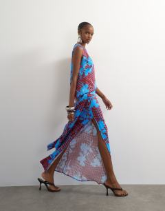 Viscose satin racer neck blouson dropped asymmetric waist maxi dress in brown wavy floral print