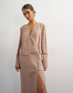 Model wearing Viscose satin stripe dropped waist long sleeve wrap front maxi dress in taupe
