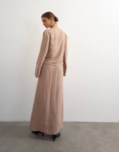 Model wearing Viscose satin stripe dropped waist long sleeve wrap front maxi dress in taupe