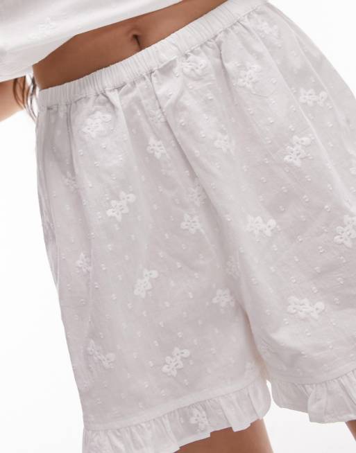 Topshop – Vit, broderad pyjamas med linne och shorts med spets, 3 av 4