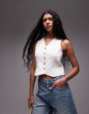 Topshop – Vit, kort kostymväst med v-ringning - view 1