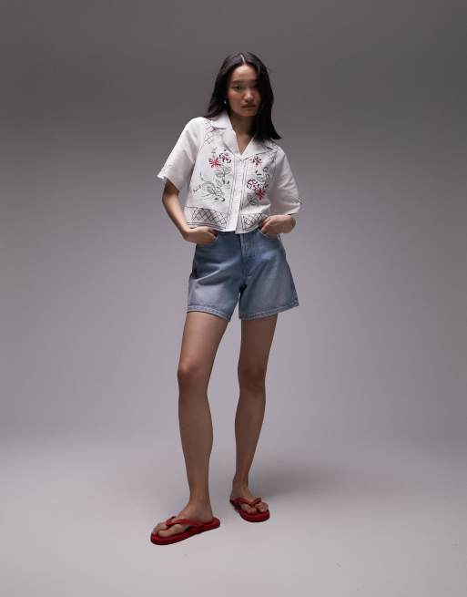 Topshop – Vit, kort skjorta med broderi och korta ärmar, 4 av 4