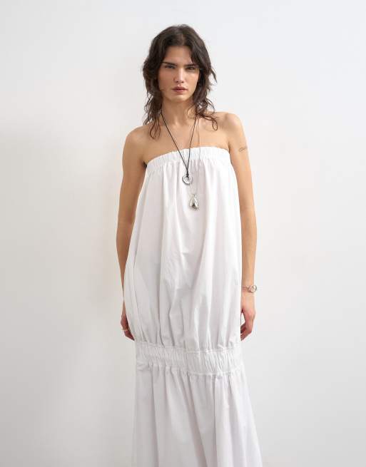 Topshop – Vit maxiklänning i poplin med bandeau-ringning och supersänkt midja, 4 av 4