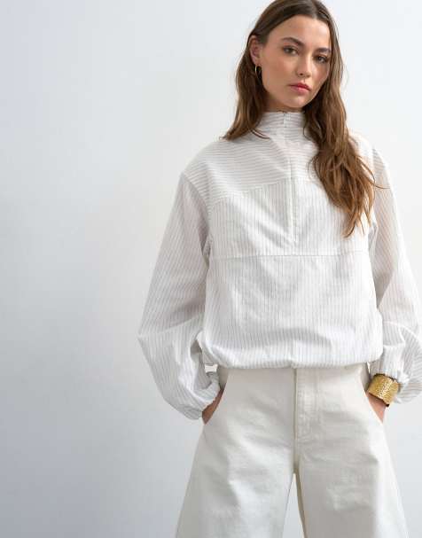Topshop – Vit, randig topp med långa ärmar, dragkedja och muddar - view 1