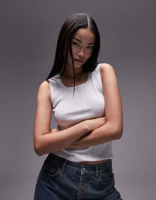 Topshop – Vit spetslinne i pointelle med djup halsringning