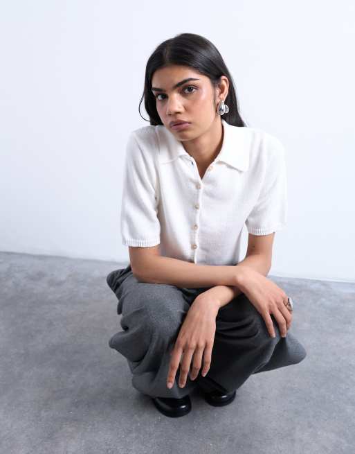 Topshop – Vit, stickad pikétröja med korta ärmar, 3 av 4