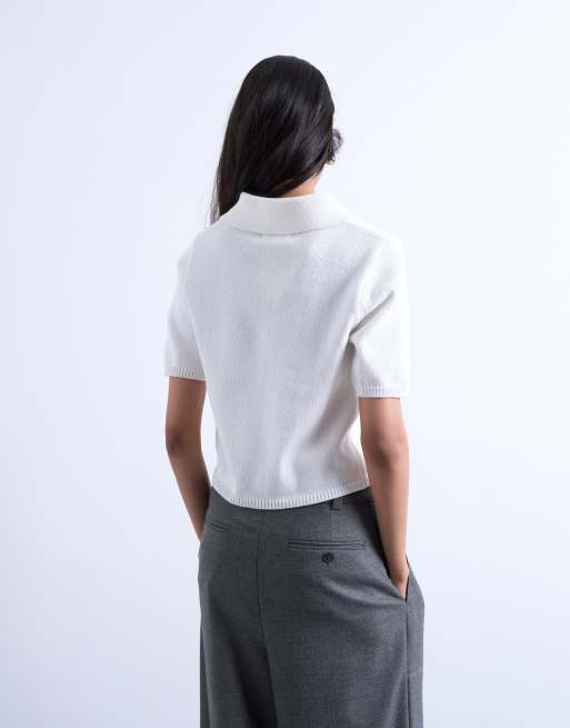 Topshop – Vit, stickad pikétröja med korta ärmar, 4 av 4