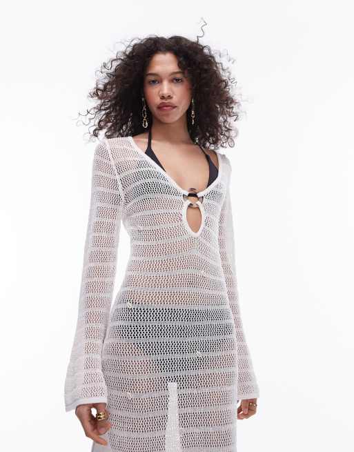 Topshop – Vit, stickad strandklänning utsmyckad med snäckskal, 3 av 4