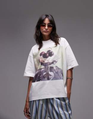 Topshop – Vit t-shirt i oversize med glasstryck - view 1