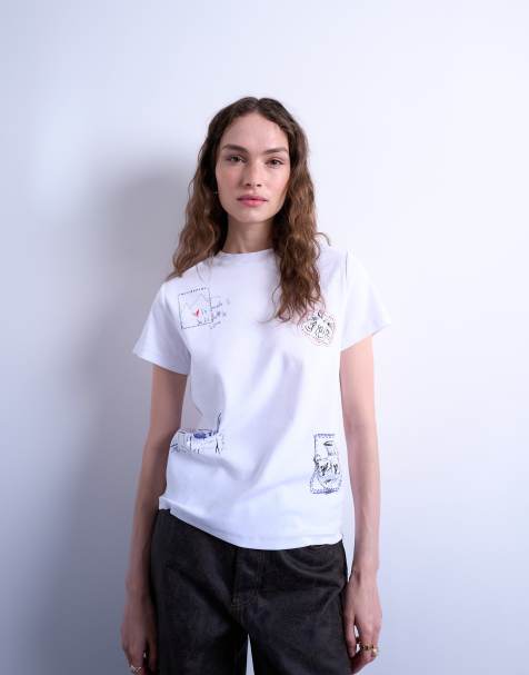 Topshop – Vit, vardaglig t-shirt med klottertryck - view 1