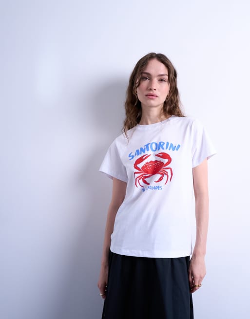 Topshop – Vit, vardaglig t-shirt med 'Santorini'-tryck, 3 av 4