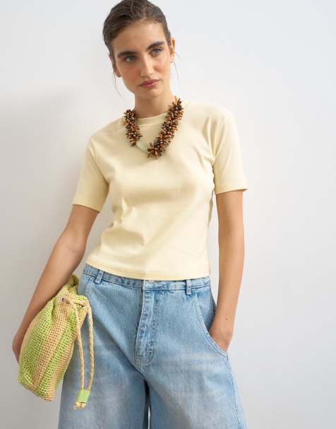 Topshop – Vitgul, krympt, vardaglig t-shirt - view 1