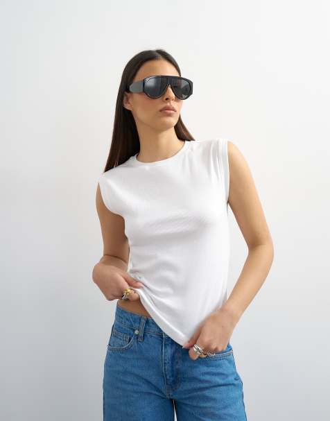 Topshop – Vitt, ribbat linne i boyfriend-modell - view 1