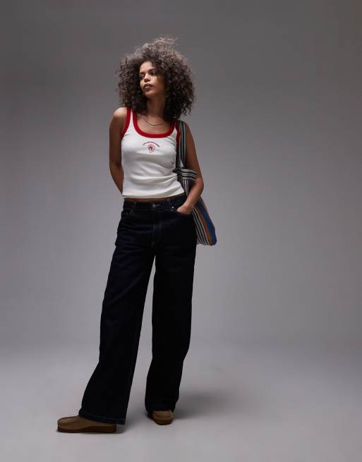 Topshop – Vitt, ribbat linne med röd kantrand och broderad snäcka, 3 av 4