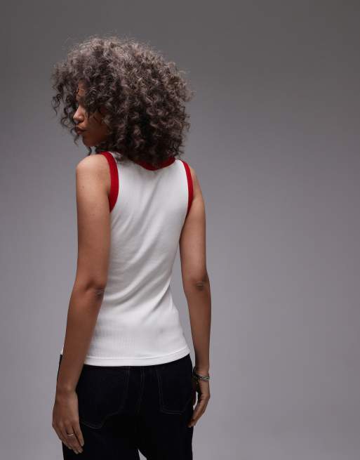 Topshop – Vitt, ribbat linne med röd kantrand och broderad snäcka, 4 av 4
