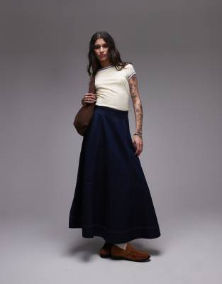 Topshop - Volant-Maxirock aus Denim in unbehandeltem Indigoblau