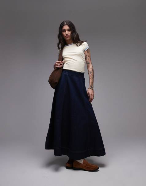 Topshop – Volant-Maxirock aus Denim in unbehandeltem Indigoblau - view 1