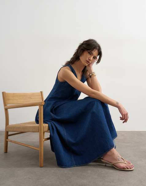 Topshop - Volle denim maxi jurk met V-hals en siernaden in rijk blauw - view 1
