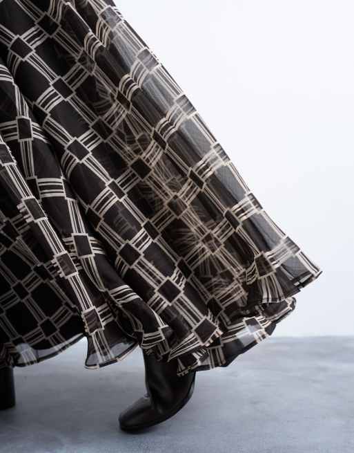 Topshop - Volle maxi-cirkelrok met ruitprint in chocoladebruin, 3 van 5