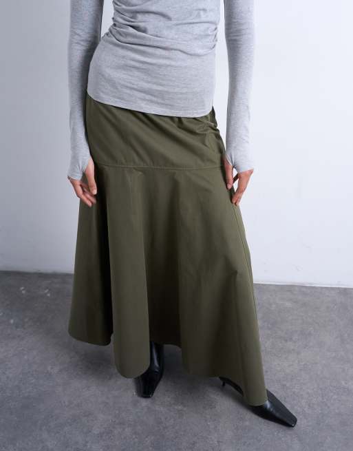 Topshop - Volle maxi cirkelrok met verlaagde taille in kaki, 2 van 5