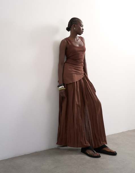 Topshop - Volle maxi rok van kreukelstof met sjerp en strik in chocoladebruin - view 1