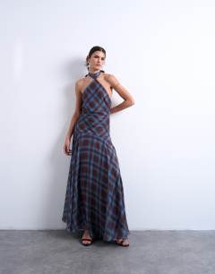 Volume hem dropped waist maxi dress in blue check chiffon