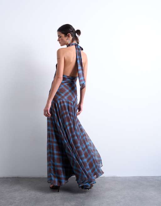 Topshop volume hem dropped waist maxi dress in blue check chiffon, 3 of 4