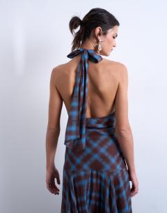 Model wearing Volume hem dropped waist maxi dress in blue check chiffon